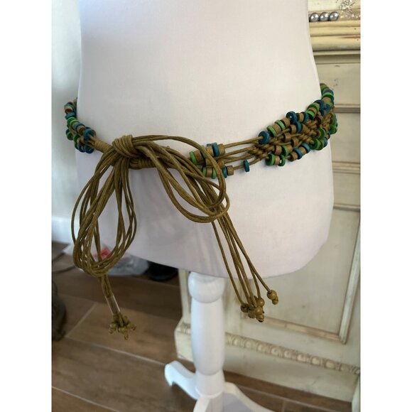 Vintage Wooden Beaded Macrame Corded Belt Brown Green‎ Western Boho Tie Waist - Picture 7 of 7